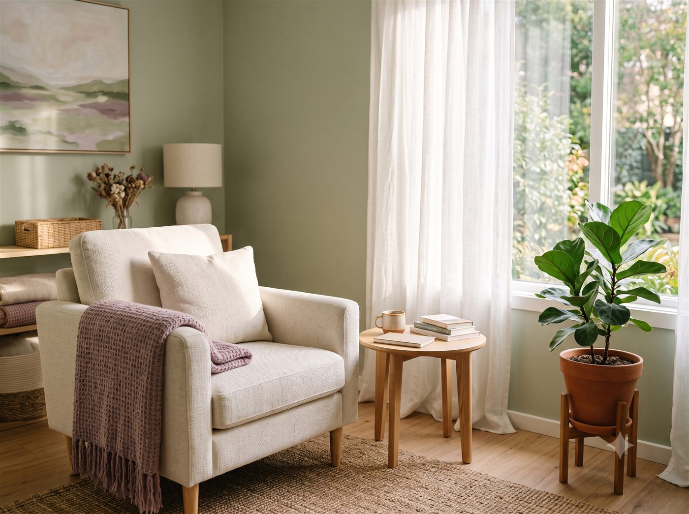 A calm, sunlit sitting room with a soft armchair, throw blanket, and a green plant by the window.